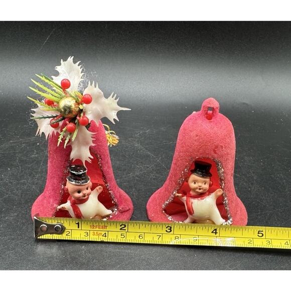 2 Vintage 1950’s Christmas Ornaments Flocked Bells With Baby New Year MCM -S1W - Picture 4 of 11
